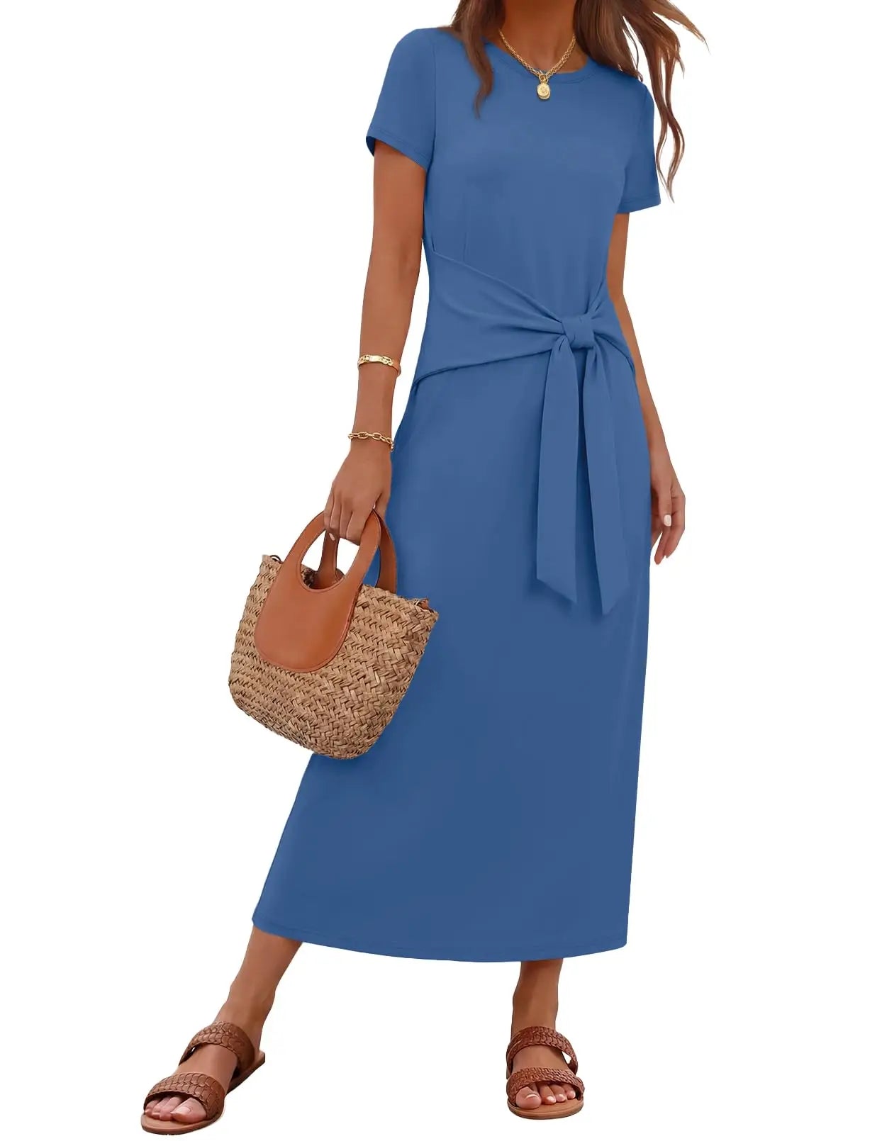 Womens Summer Maxi Dress Tie Waist Short Sleeve Beach Vacation