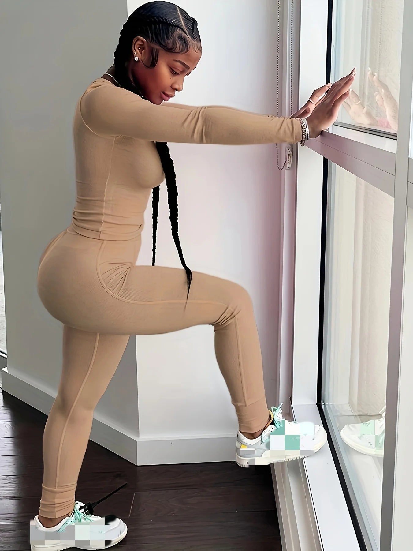 Women Two Piece Long Sleeve Leggings Set Exercise Wear