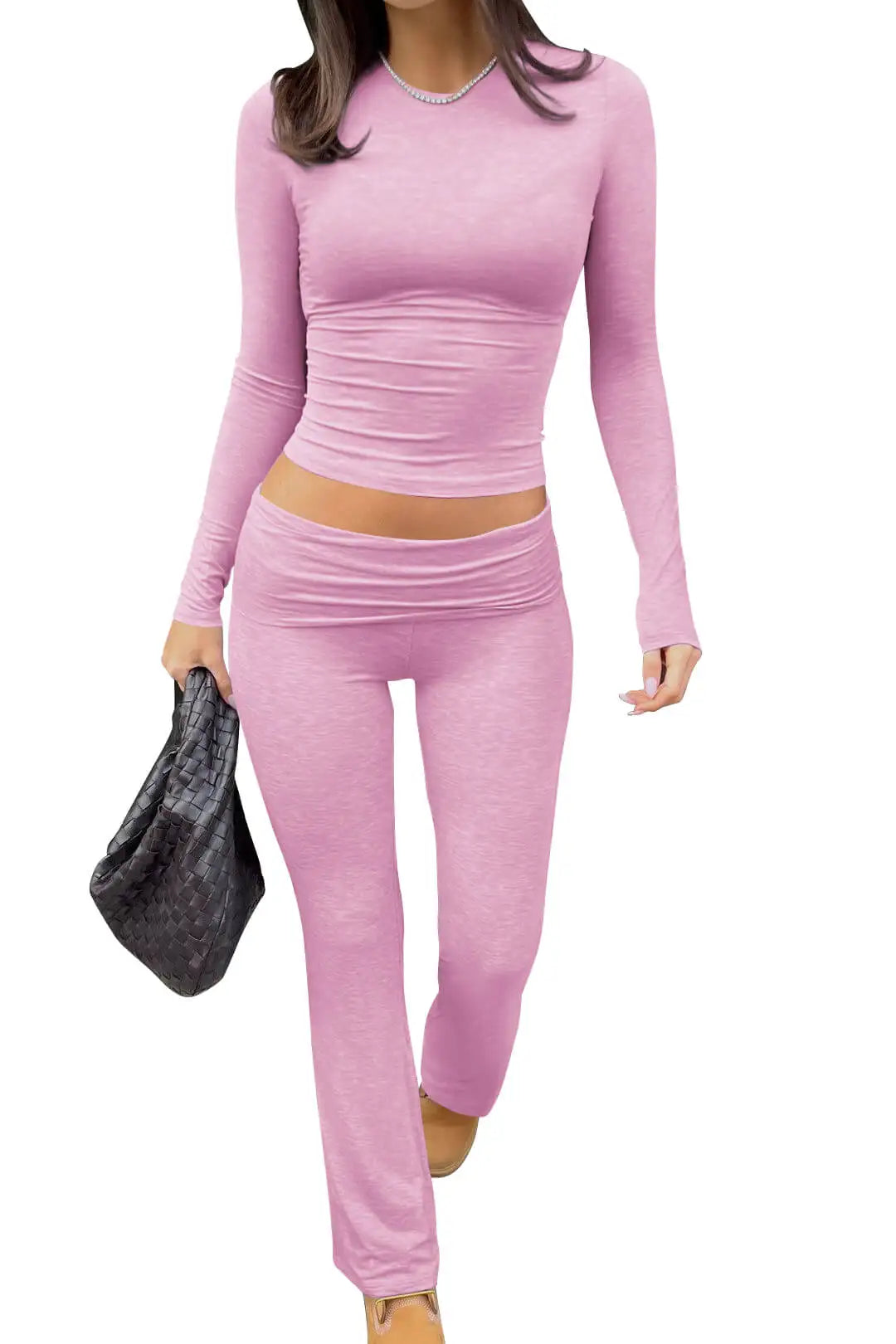 Womens Yoga Two Piece Set Long Sleeve Wide Leg Pants