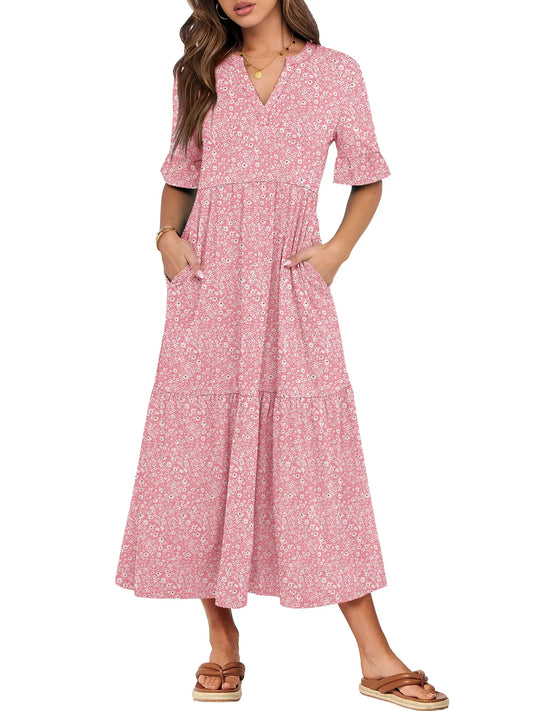 Womens Ruffle Short Sleeve Maxi Dress V Neck Tiered Pockets