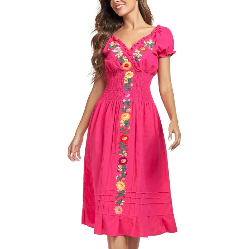 Cotton Women Mexican Embroidered Casual Summer Dress With V Neck