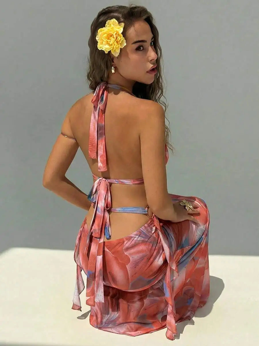 Floral Print Backless Criss Cross Strap Maxi Dress