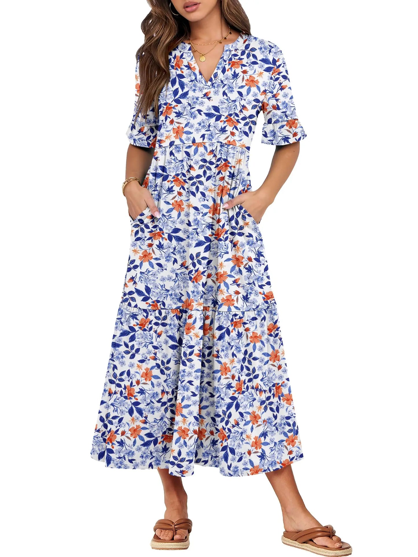 Womens Ruffle Short Sleeve Maxi Dress V Neck Tiered Pockets