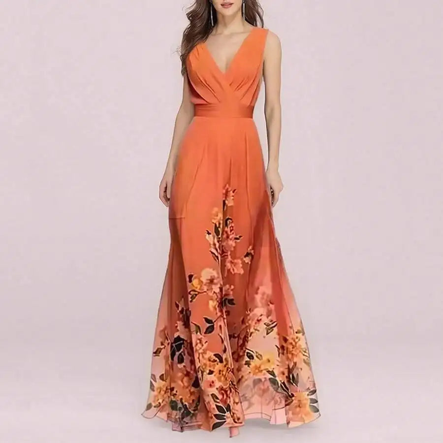 Elegant V-Neck Floral Print Waist-Cinching Floor-Length Dress