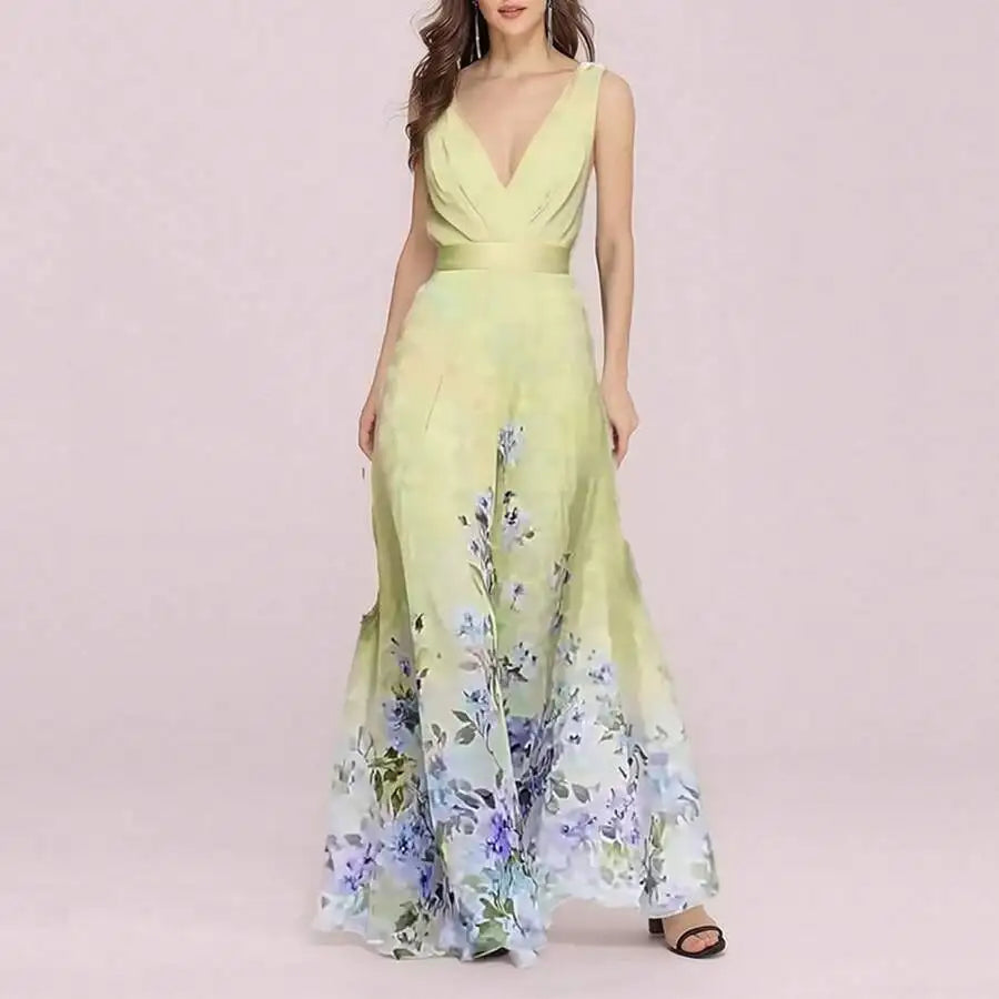 Elegant V-Neck Floral Print Waist-Cinching Floor-Length Dress