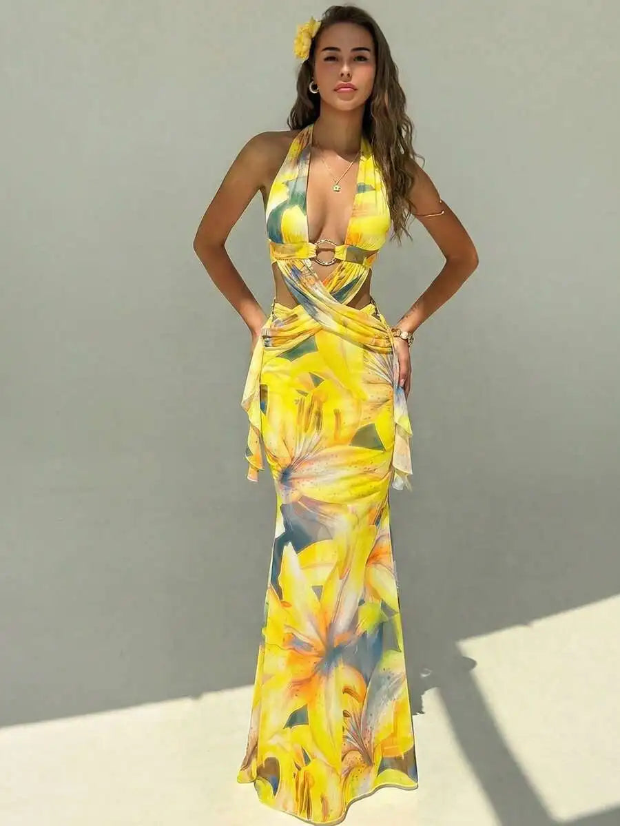 Floral Print Backless Criss Cross Strap Maxi Dress