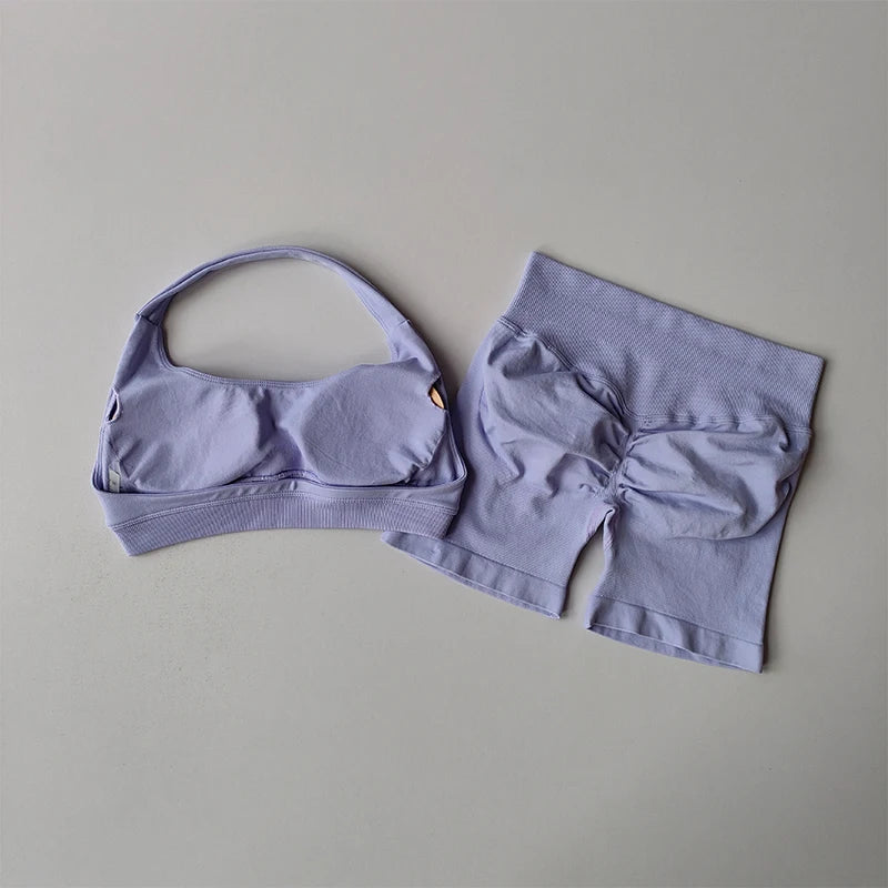 Halter Neck Sports Bra And Shorts Set High Waist Yoga