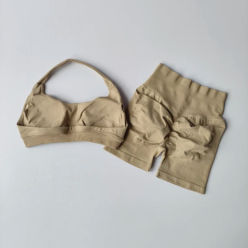 Halter Neck Sports Bra And Shorts Set High Waist Yoga
