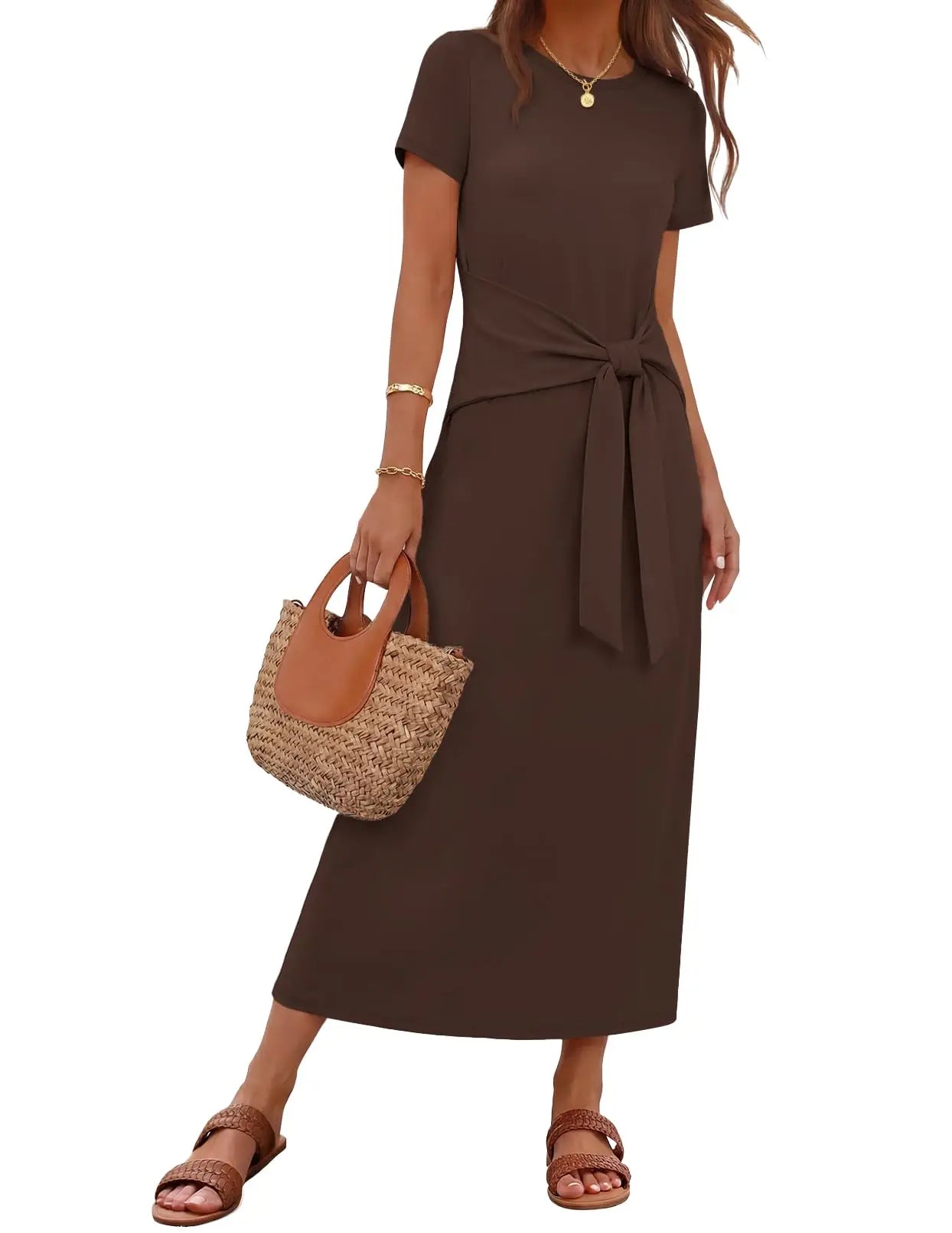Womens Summer Maxi Dress Tie Waist Short Sleeve Beach Vacation