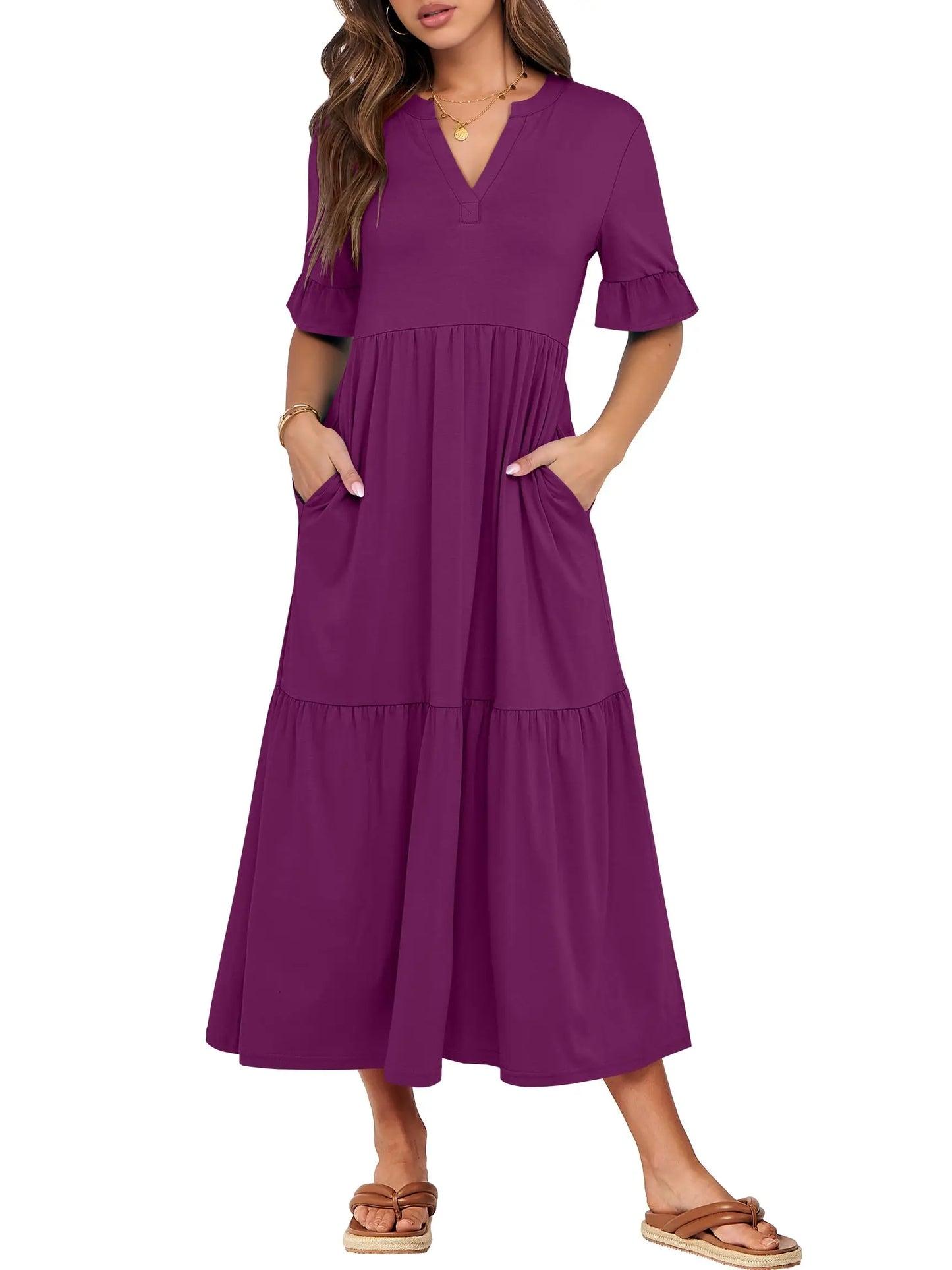 Womens Ruffle Short Sleeve Maxi Dress V Neck Tiered Pockets