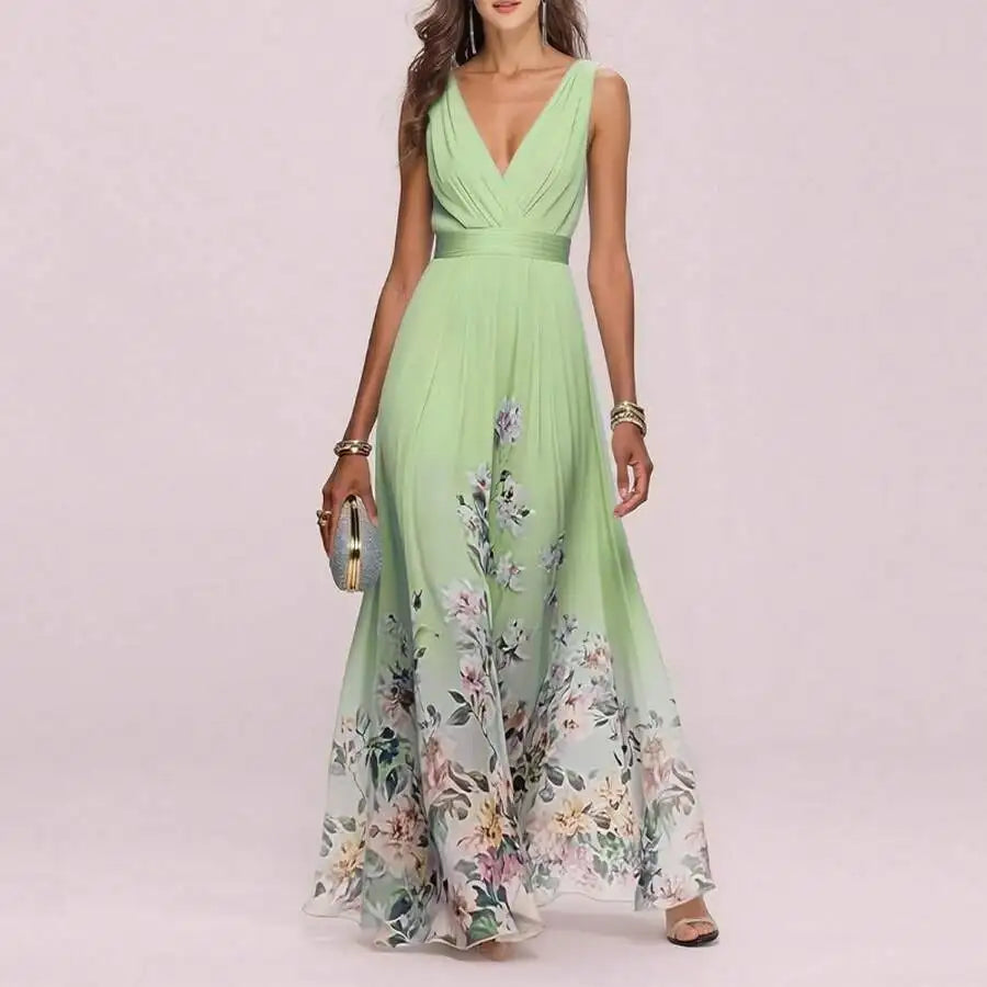 Elegant V-Neck Floral Print Waist-Cinching Floor-Length Dress