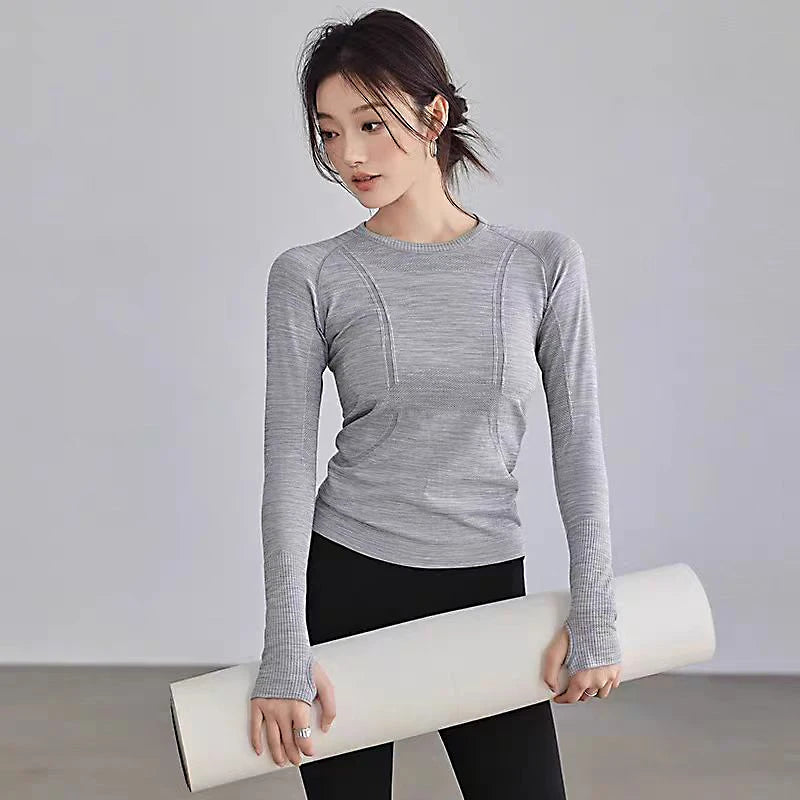 Women's Yoga Top Seamless Breathable Long Sleeve Fitness Shirt Workout