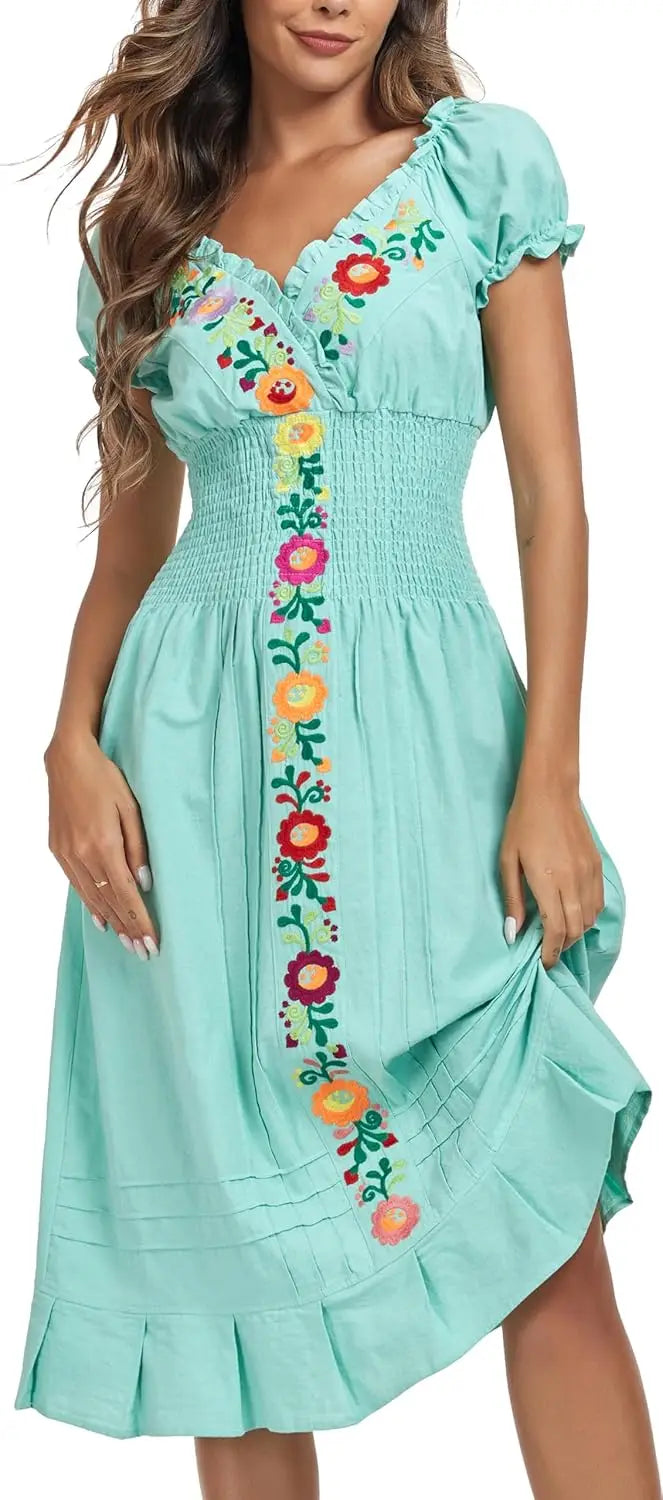 Cotton Women Mexican Embroidered Casual Summer Dress With V Neck