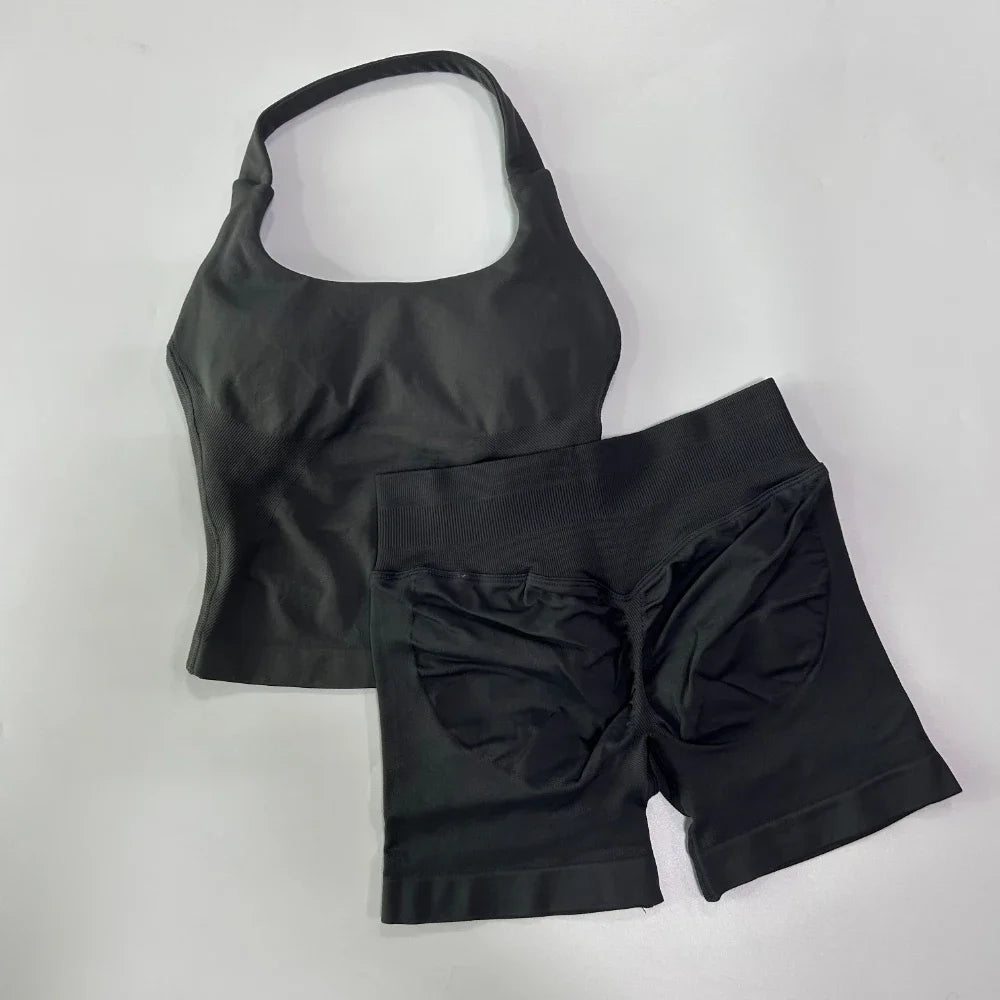 Yoga 2 Piece Set Women Backless Halter Top and Shorts