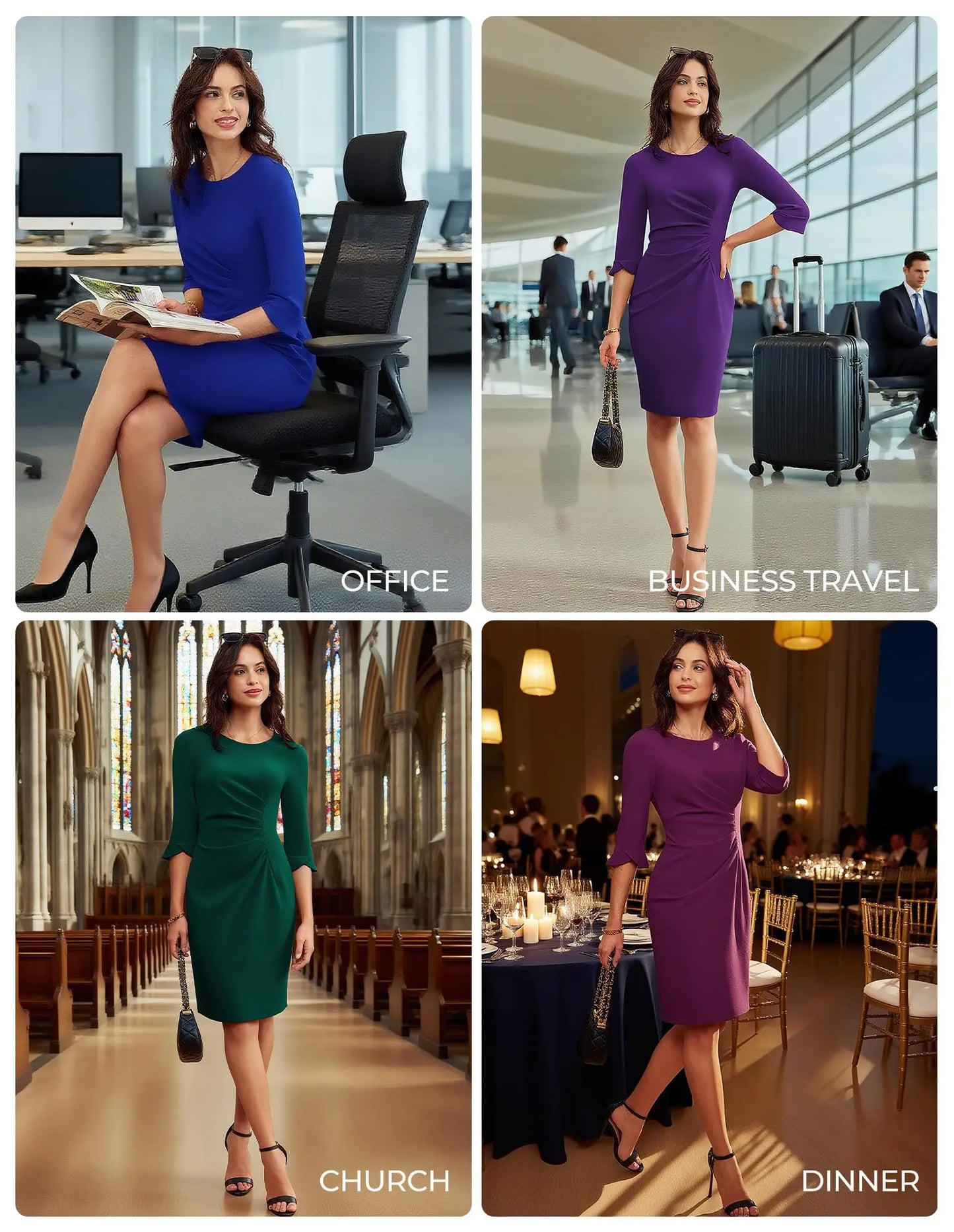 Women's Ruched 3/4 Sleeve Sheath Dress Knit Polyester