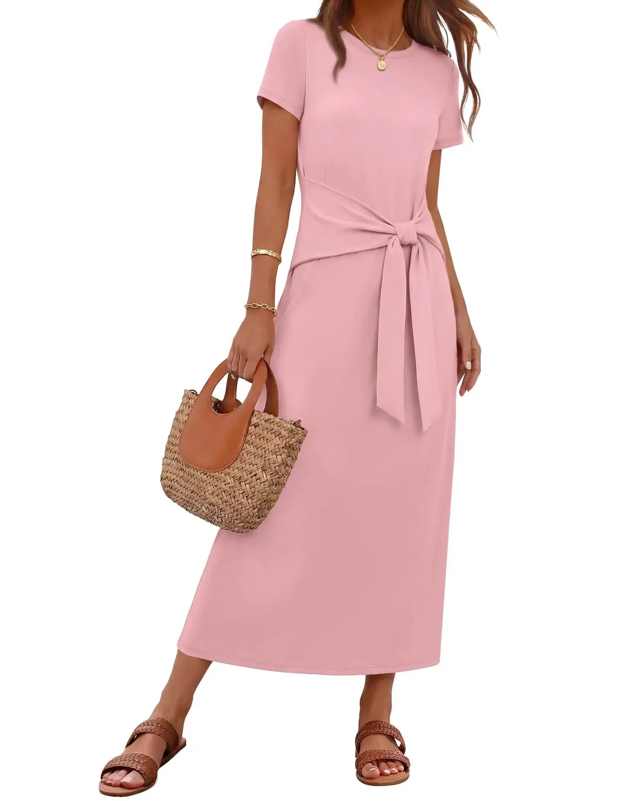 Womens Summer Maxi Dress Tie Waist Short Sleeve Beach Vacation