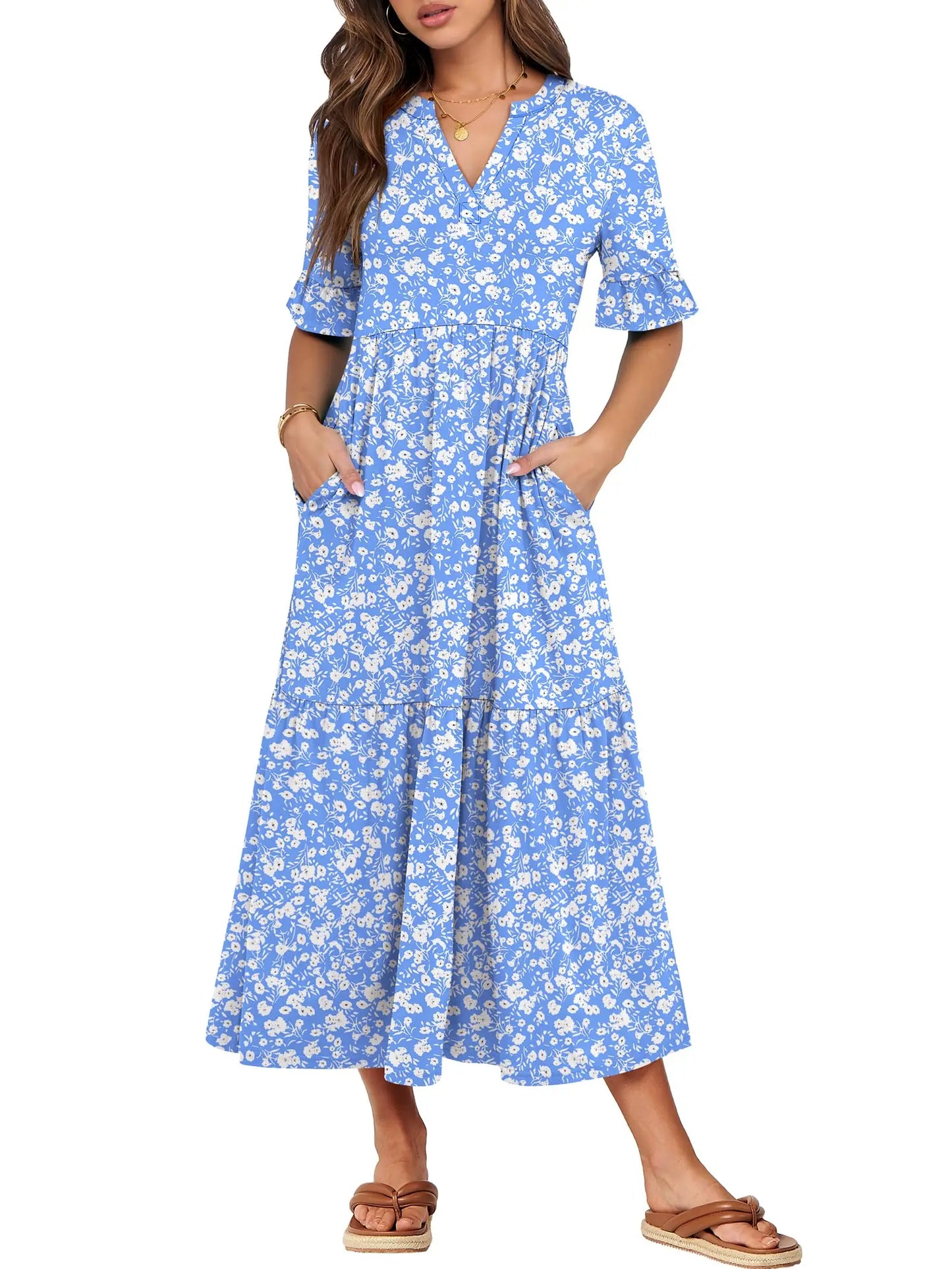 Womens Ruffle Short Sleeve Maxi Dress V Neck Tiered Pockets