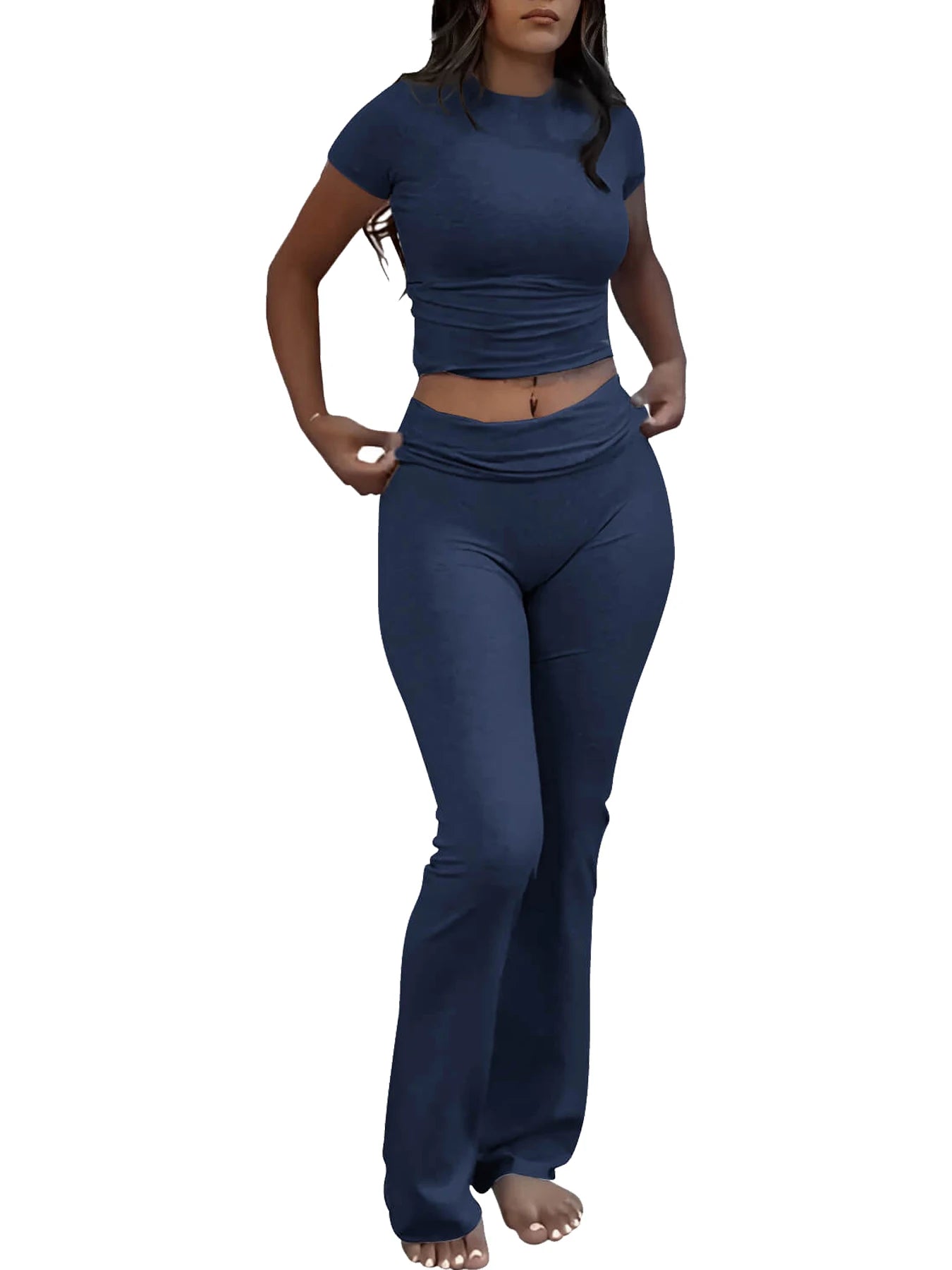 Women's Yoga Set Two-Piece Short Sleeve Top And Flared Pants