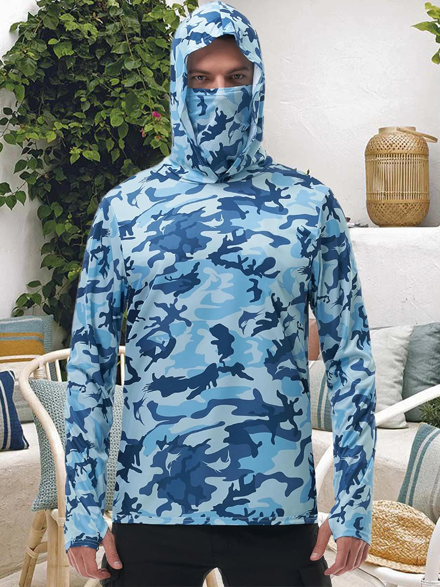 Men's Camo Print Hoodie Shirt With Built In Face Mask