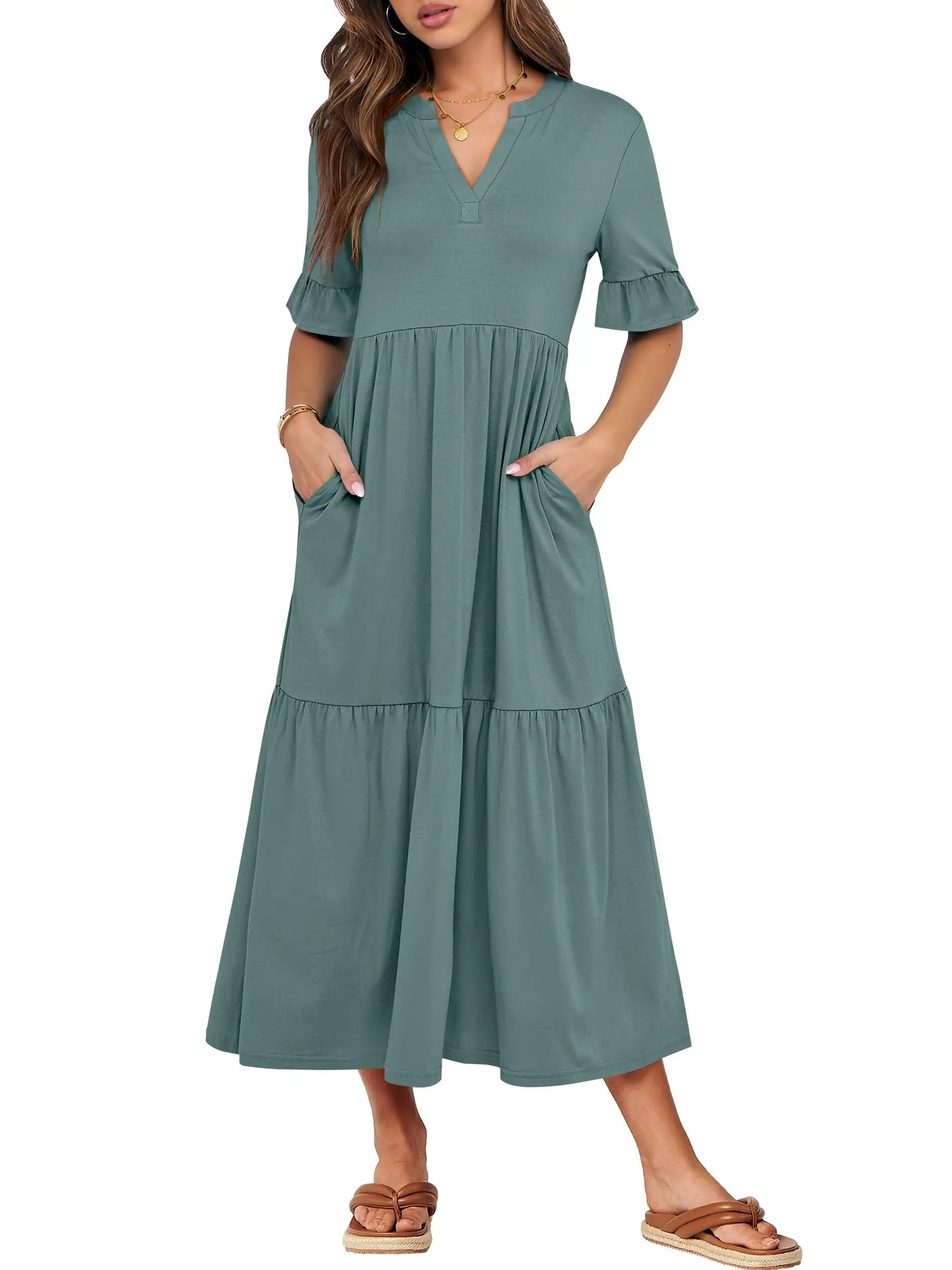 Womens Ruffle Short Sleeve Maxi Dress V Neck Tiered Pockets