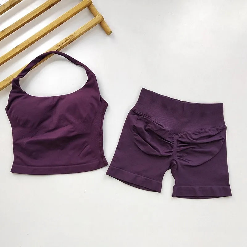Yoga 2 Piece Set Women Backless Halter Top and Shorts