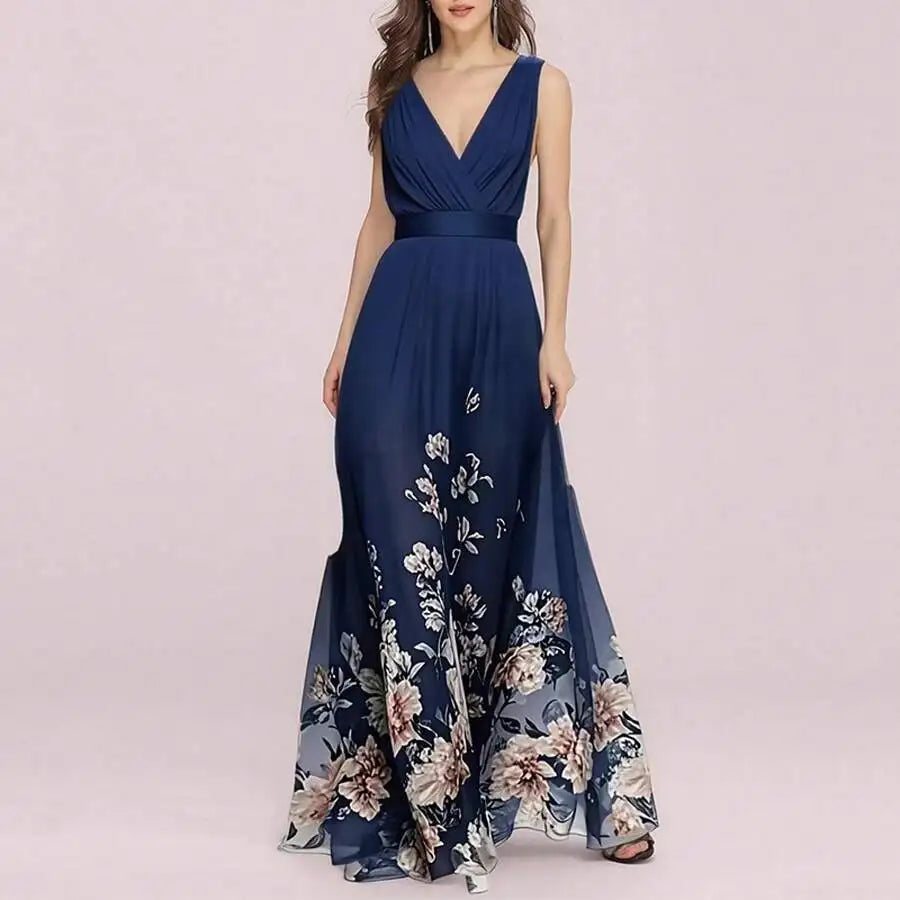 Elegant V-Neck Floral Print Waist-Cinching Floor-Length Dress
