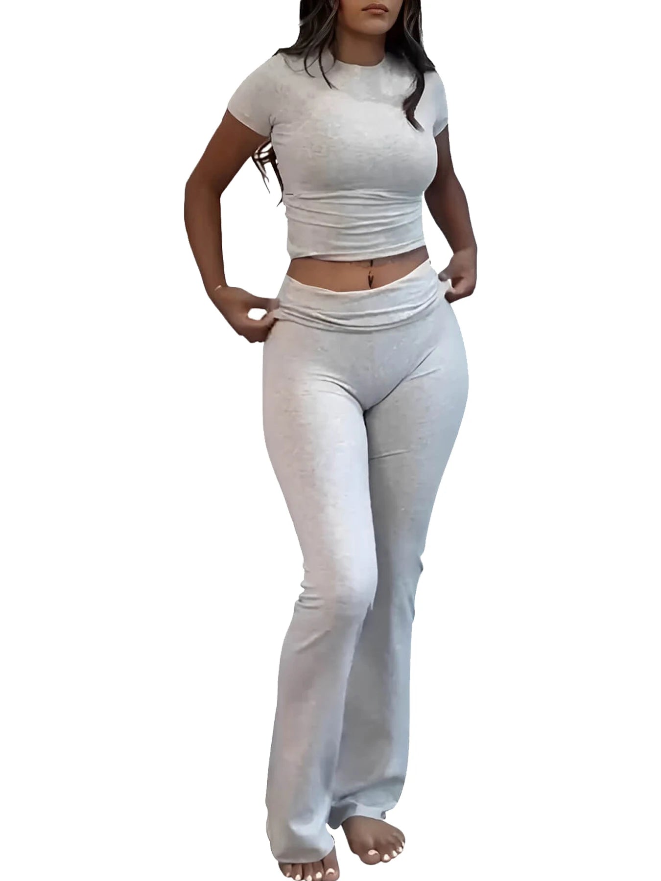 Women's Yoga Set Two-Piece Short Sleeve Top And Flared Pants