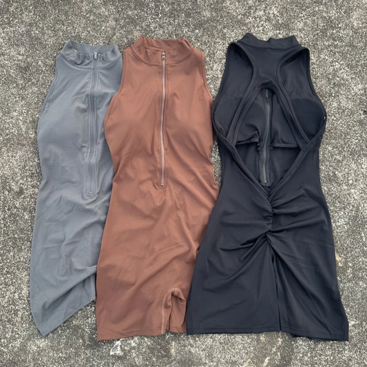 Scrunch Back Waist Yoga Jumpsuit Set With Zipper For Women