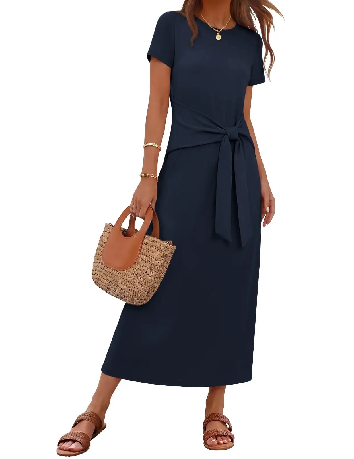 Womens Summer Maxi Dress Tie Waist Short Sleeve Beach Vacation