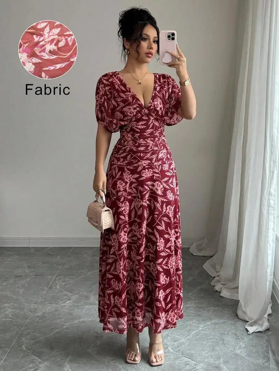 Floral Print V Neck Ruched Waist Maxi Dress For Women