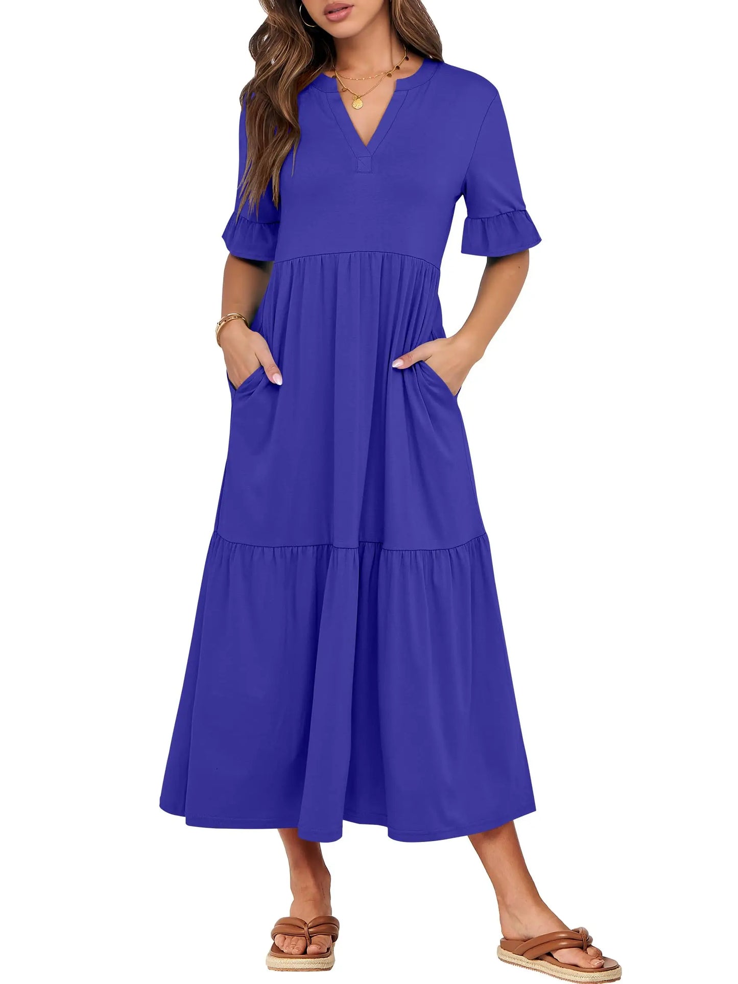 Womens Ruffle Short Sleeve Maxi Dress V Neck Tiered Pockets