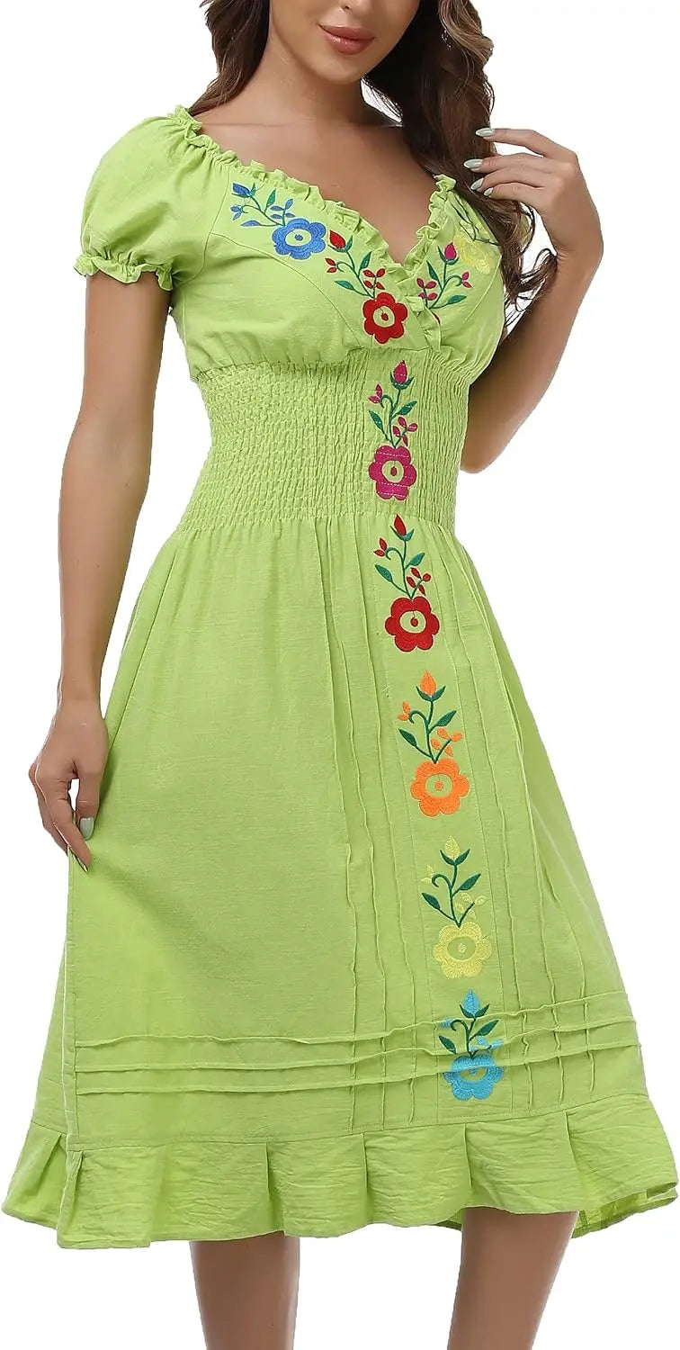Cotton Women Mexican Embroidered Casual Summer Dress With V Neck