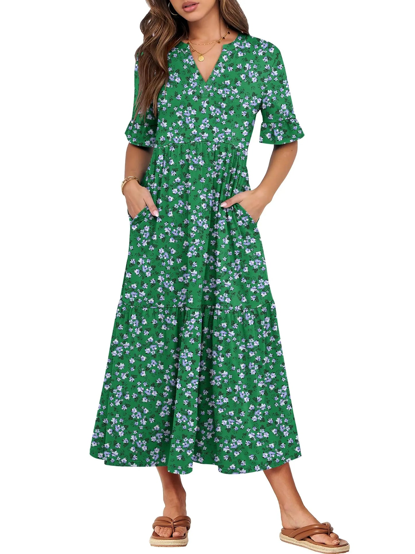 Womens Ruffle Short Sleeve Maxi Dress V Neck Tiered Pockets