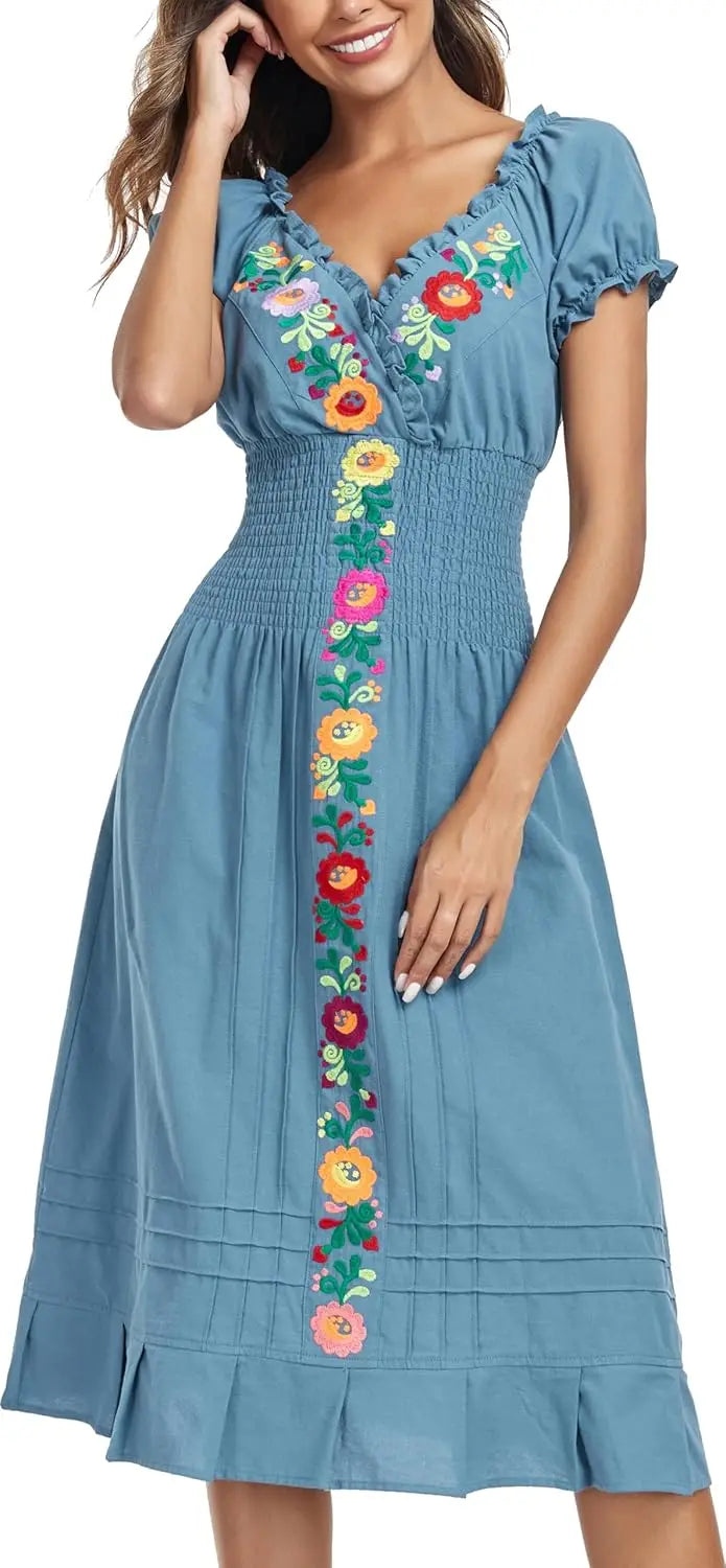 Cotton Women Mexican Embroidered Casual Summer Dress With V Neck