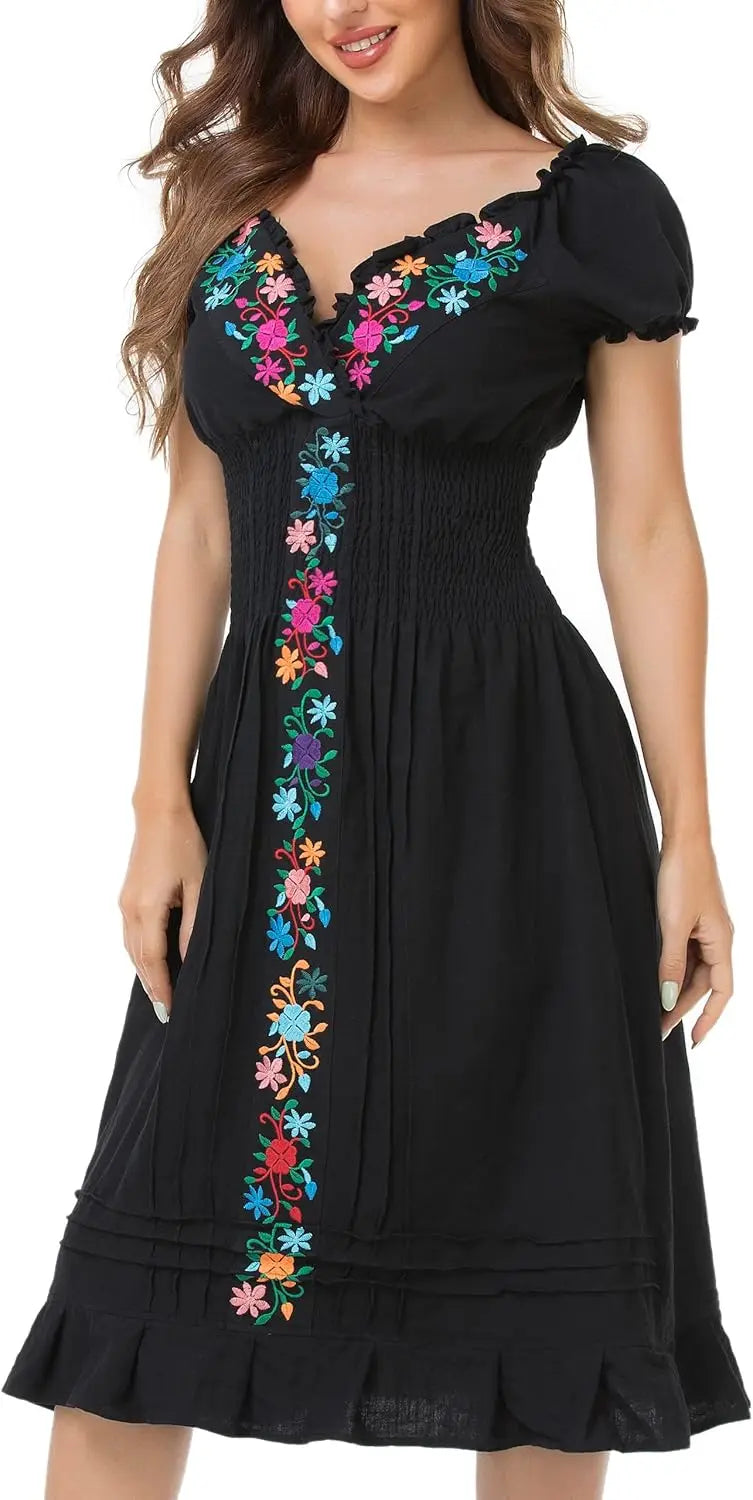 Cotton Women Mexican Embroidered Casual Summer Dress With V Neck