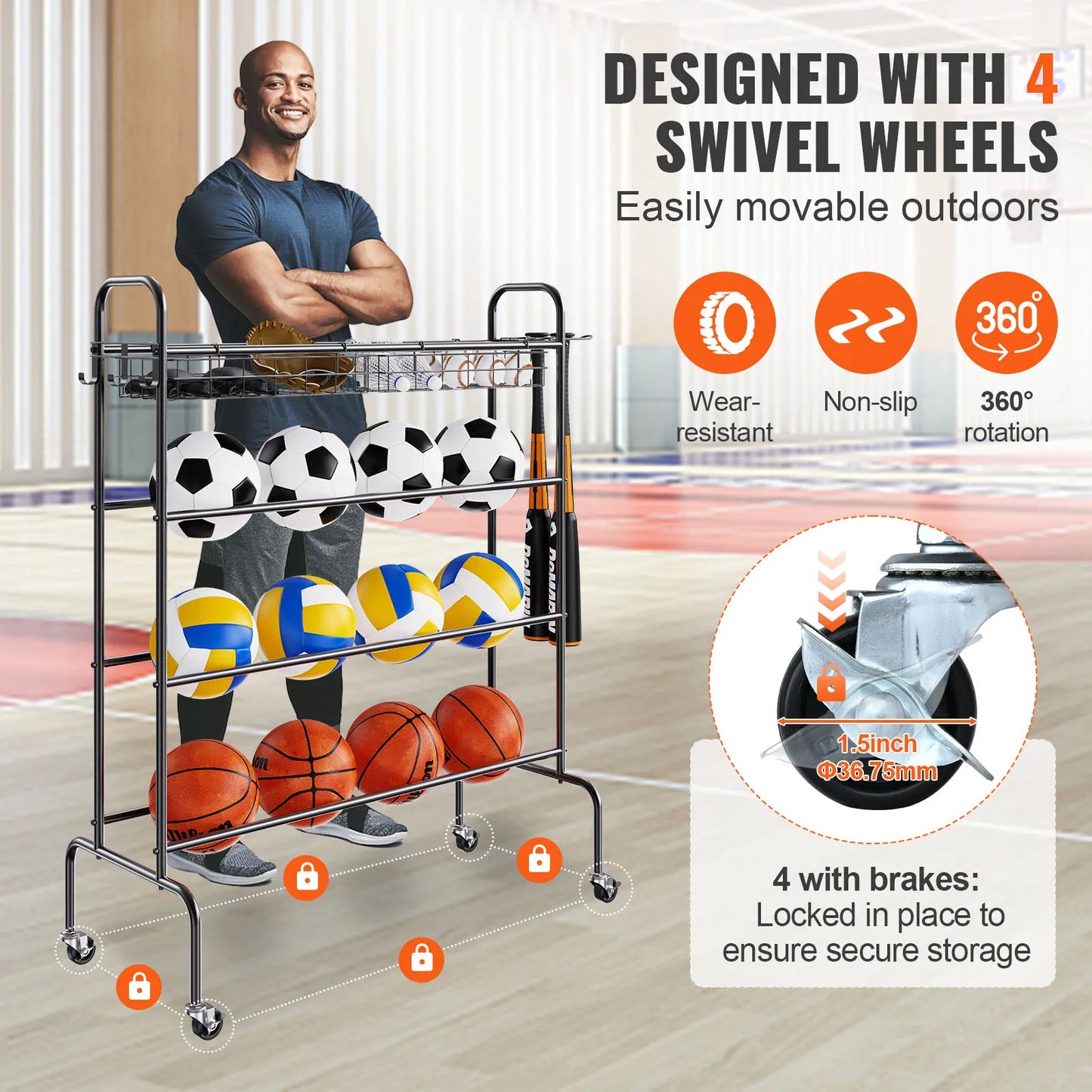 VEVOR Four Layer Rolling Basketball Rack And Storage Organizer