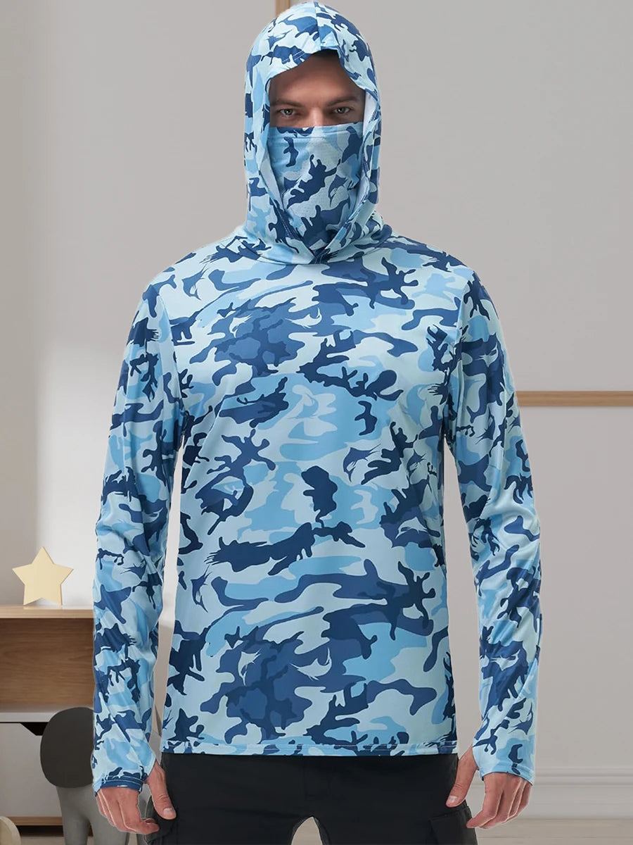 Men's Camo Print Hoodie Shirt With Built In Face Mask