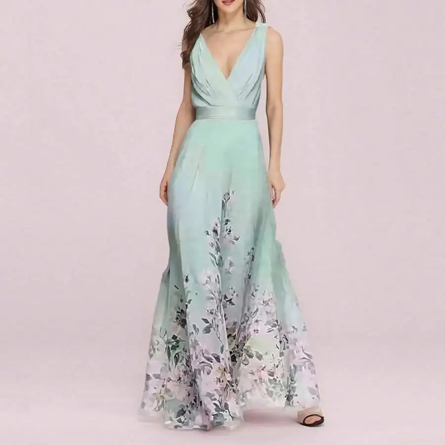 Elegant V-Neck Floral Print Waist-Cinching Floor-Length Dress