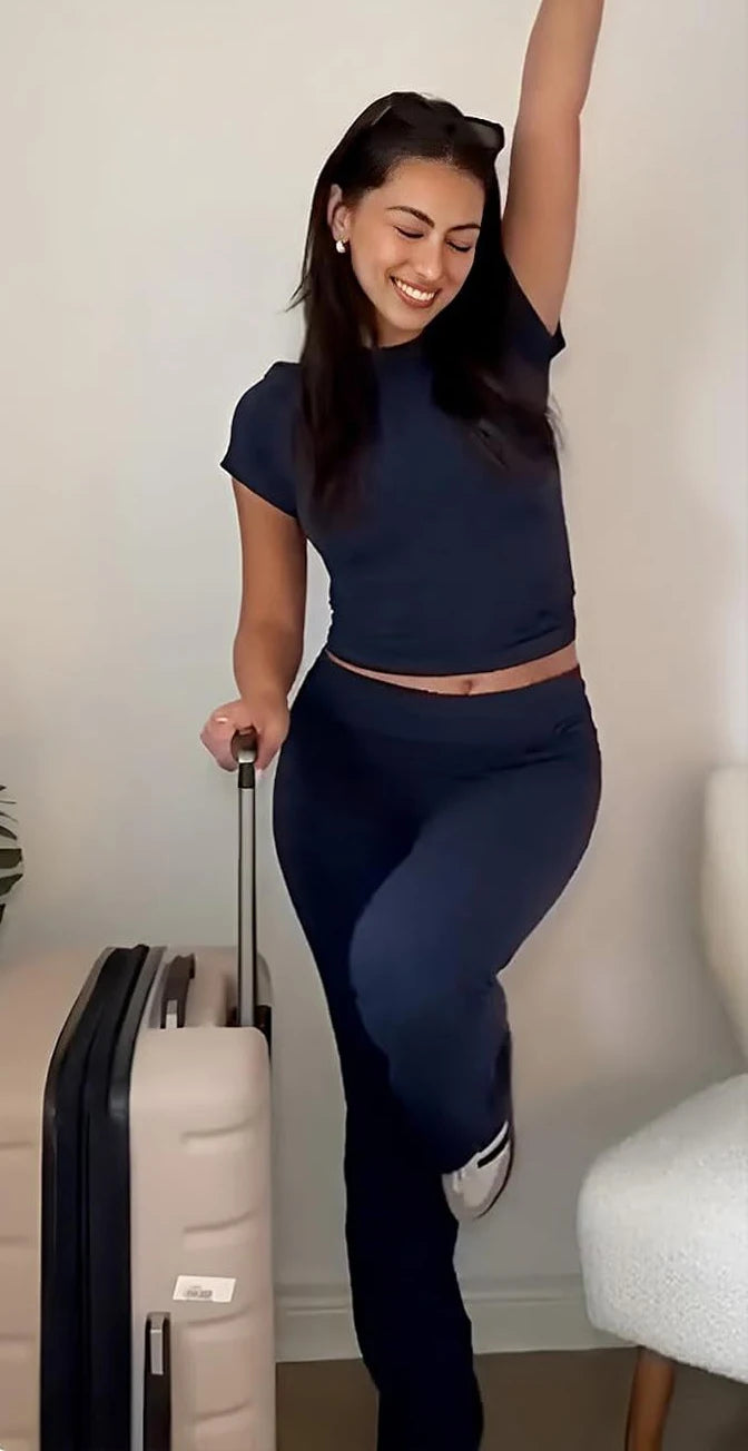 Women's Yoga Set Two-Piece Short Sleeve Top And Flared Pants