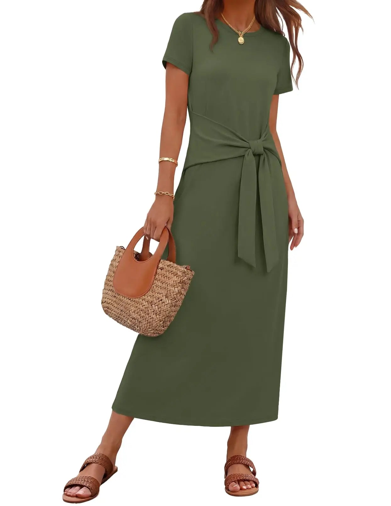 Womens Summer Maxi Dress Tie Waist Short Sleeve Beach Vacation
