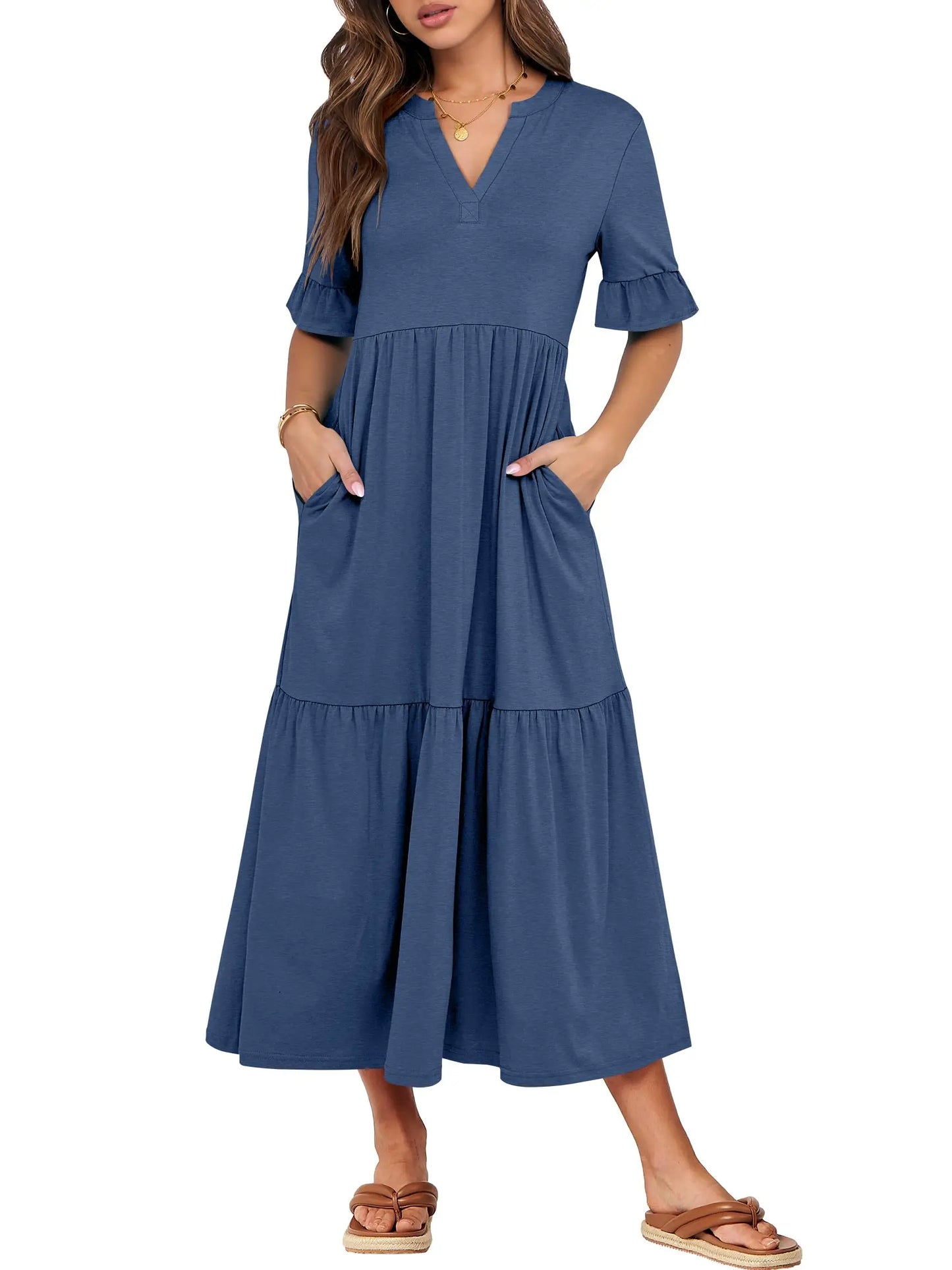 Womens Ruffle Short Sleeve Maxi Dress V Neck Tiered Pockets