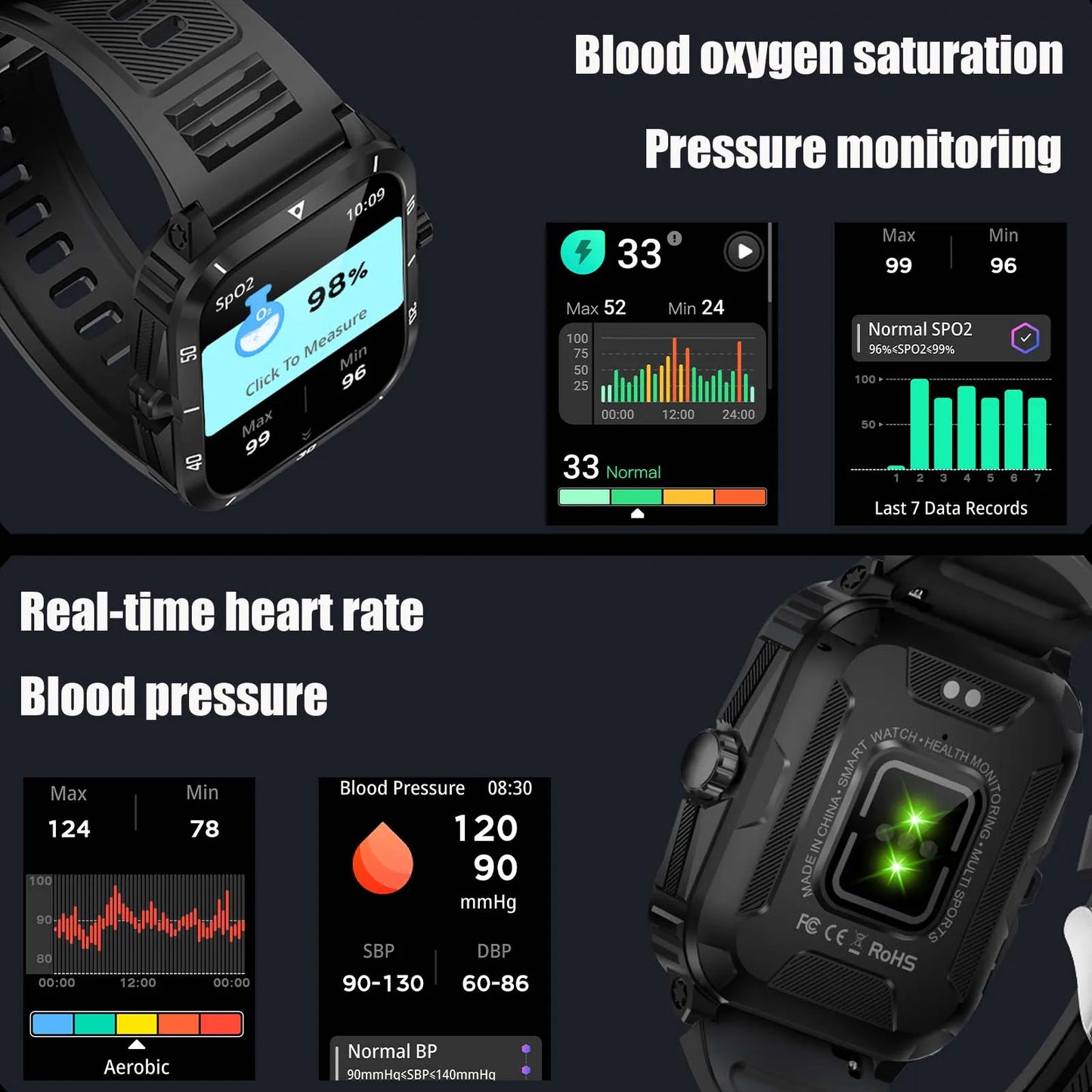 EIGIIS Smart Watch 3ATM Waterproof Heart Rate Blood Pressure Bluetooth