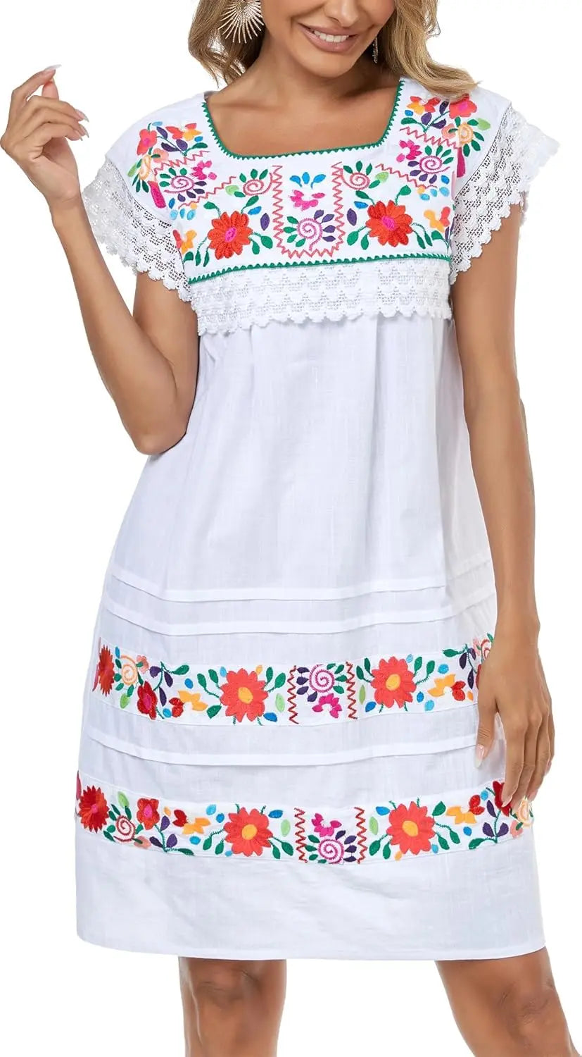 Cotton Knee Length Embroidered Peasant Lace Dress With Short Sleeves