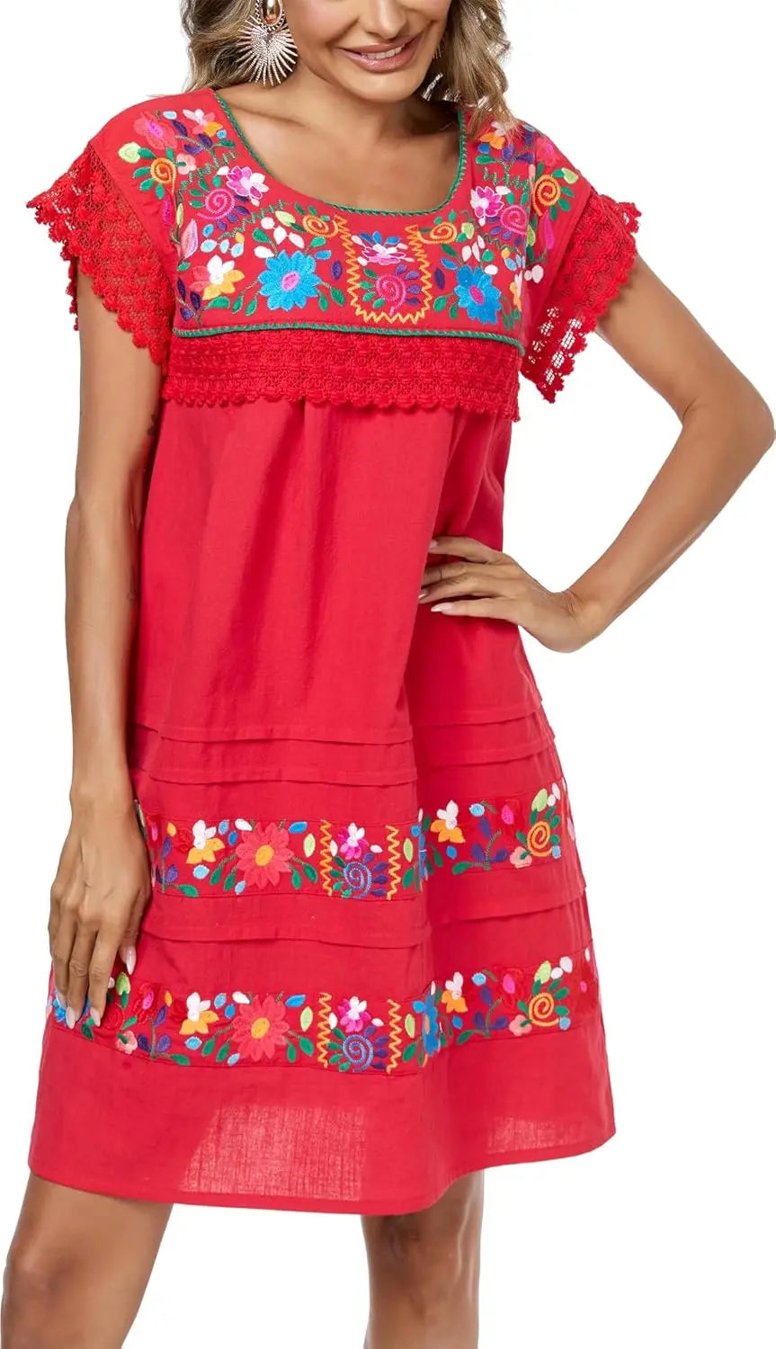 Cotton Knee Length Embroidered Peasant Lace Dress With Short Sleeves