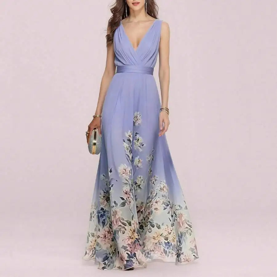 Elegant V-Neck Floral Print Waist-Cinching Floor-Length Dress