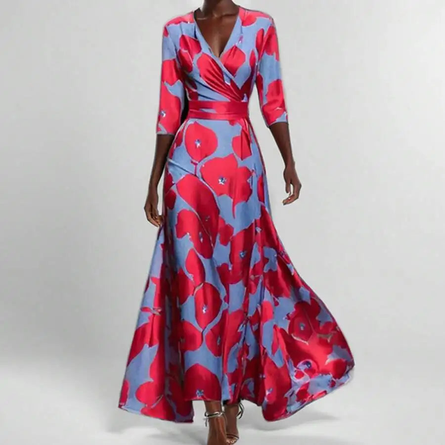 Elegant V-Neck Floral Print Waist-Cinching Floor-Length Dress