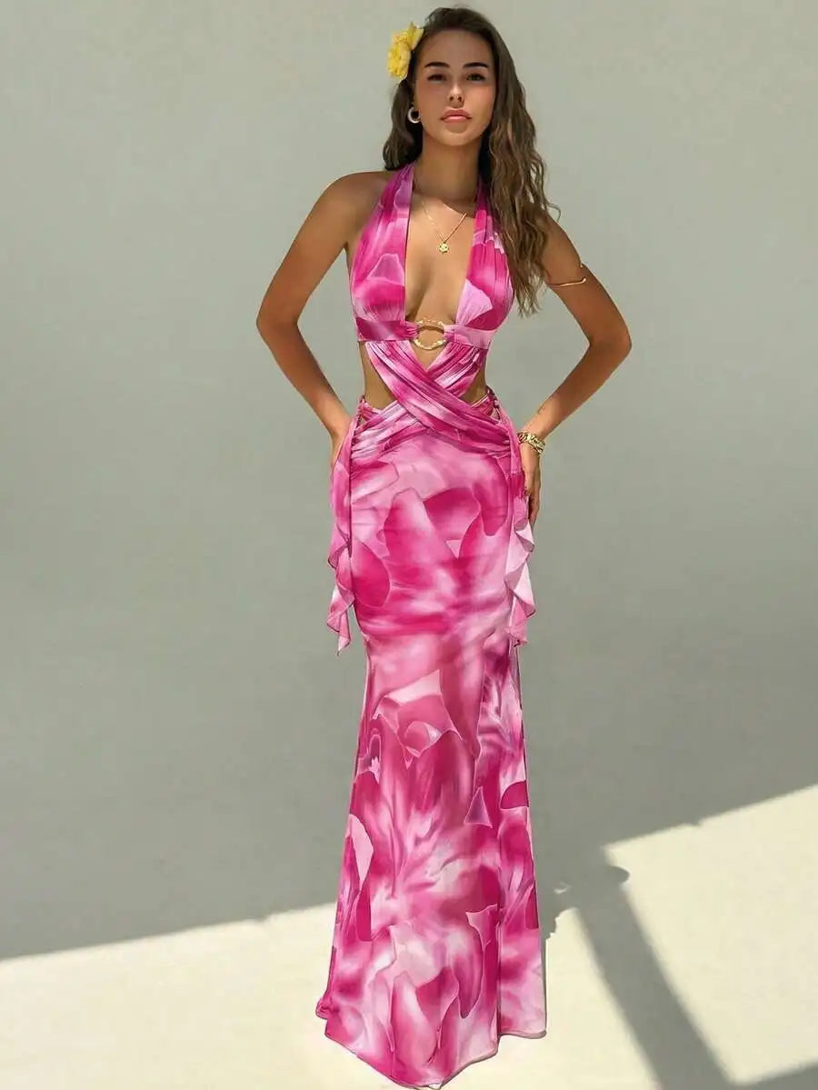Floral Print Backless Criss Cross Strap Maxi Dress