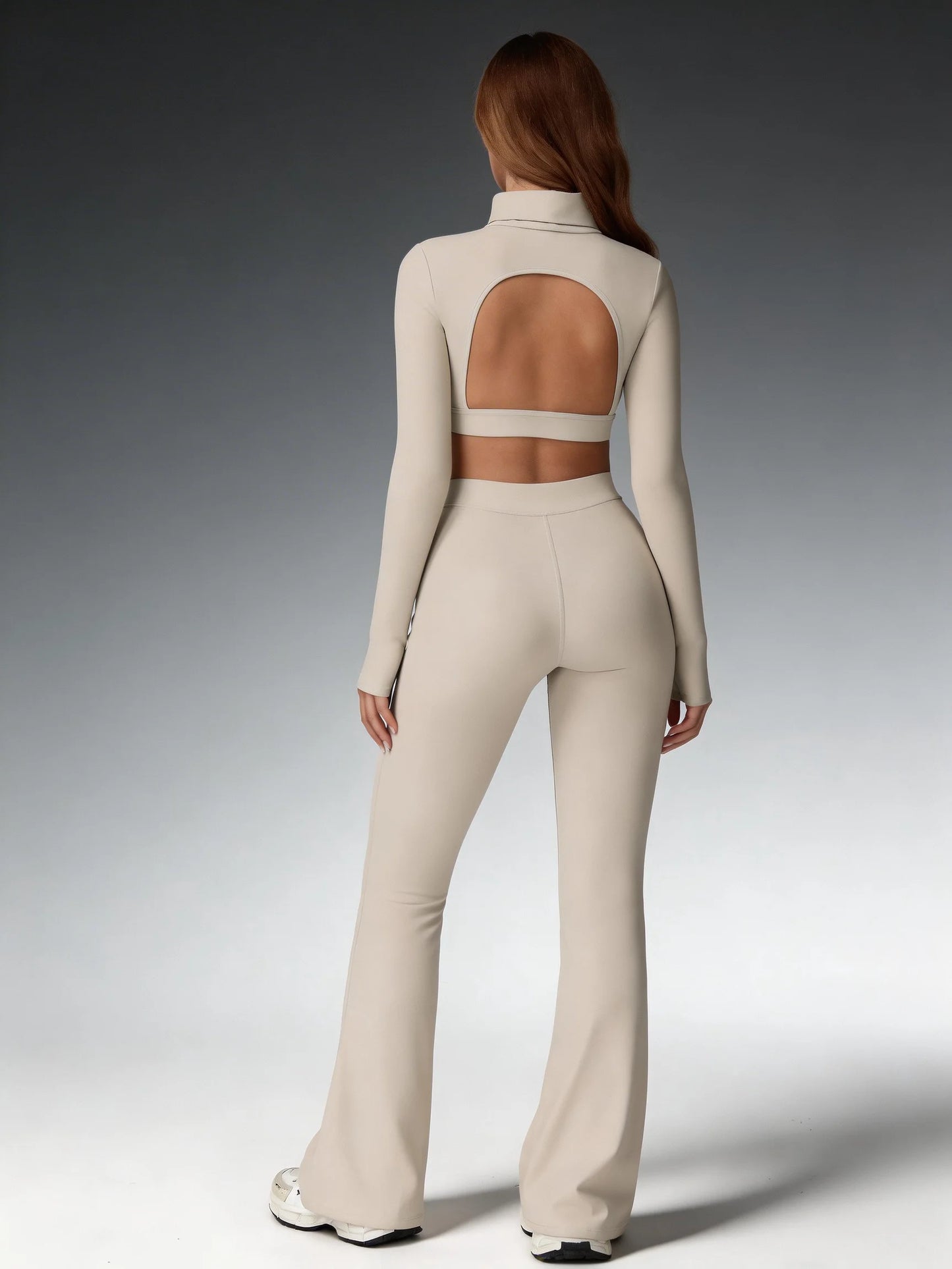 Airila Women's High-Neck Yoga Set Back-Cutout Flared Pants Removable Pads