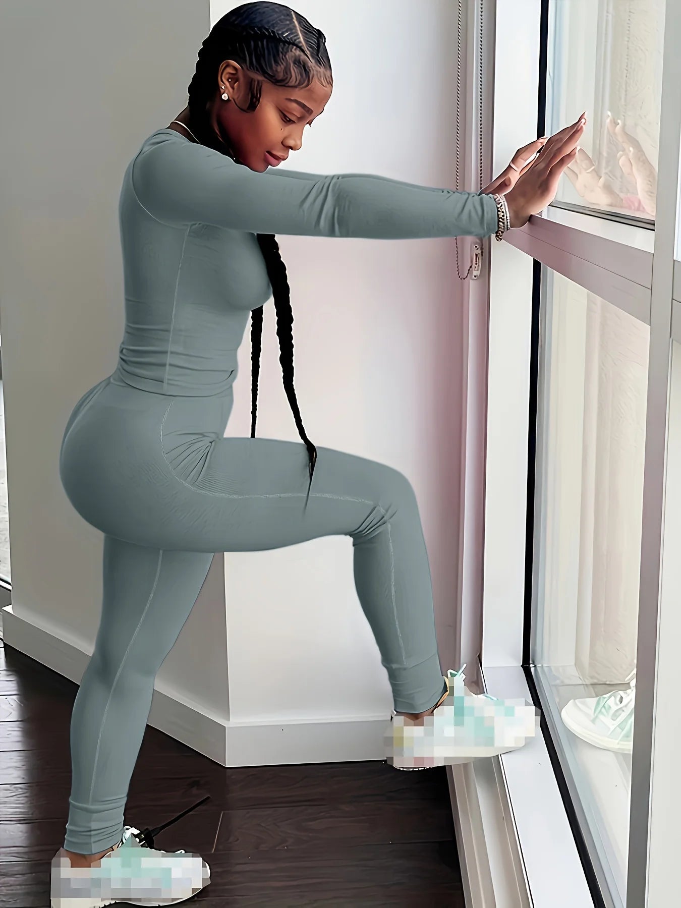 Women Two Piece Long Sleeve Leggings Set Exercise Wear