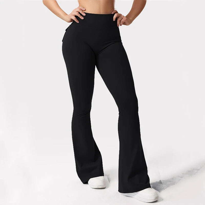 Women Yoga Flare Trousers High Waisted Wide Leg With Pockets